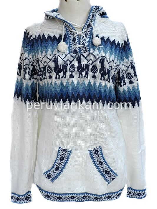 Alpaca hooded white / blue - Sweater alpaca