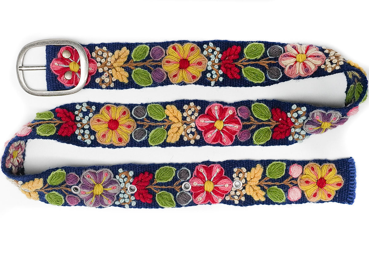 Hand embroidered belt floral natural organic dyes BLUE