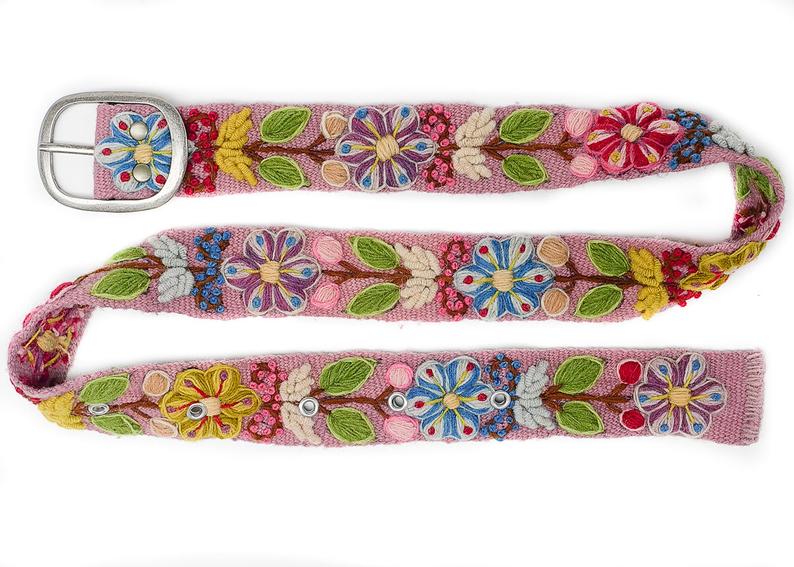 Hand embroidered belt floral natural organic dyes PINK