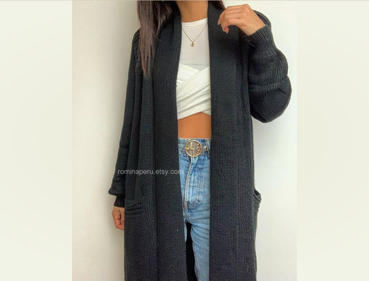 Alpaga Long Knit Cardigan Sweater Maxi Outwear Handmade NOIR (Robert)