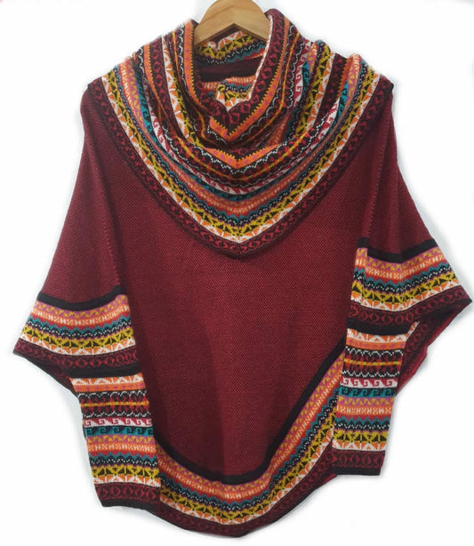 Gestrickter Rollkragen-Poncho-Umhang in Kastanienbraun aus superfeiner Alpakawolle