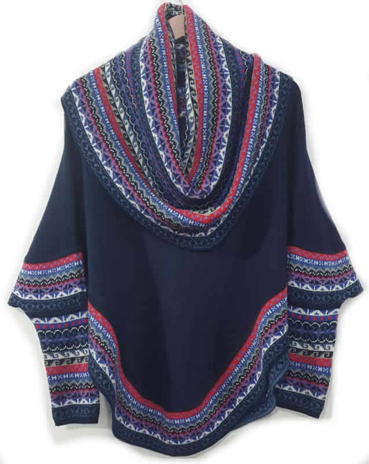 Poncho à Col Roulé en Tricot Cape Bleu Laine d'Alpaga Superfine