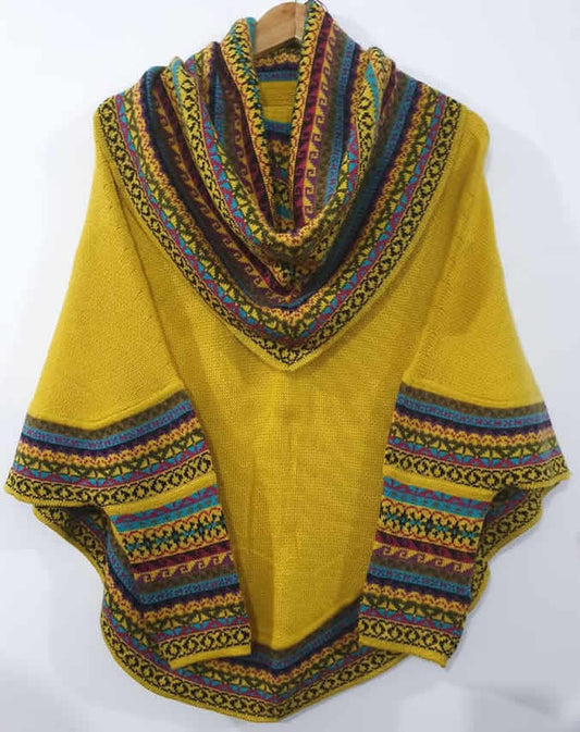 Gestrickter Rollkragen-Poncho-Umhang GELB Superfeine Alpakawolle