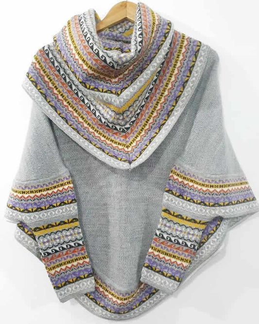 Knitted Turtleneck Poncho Cape Silver Superfine Alpaca Wool